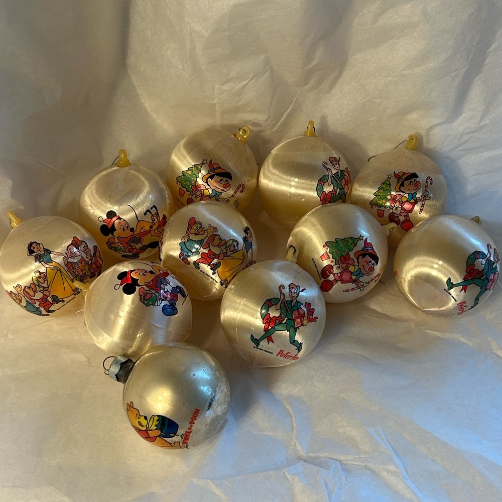 Vintage satin thread Disney Holiday Ornaments, 11 pieces, Mickey, Peter Pan etc.